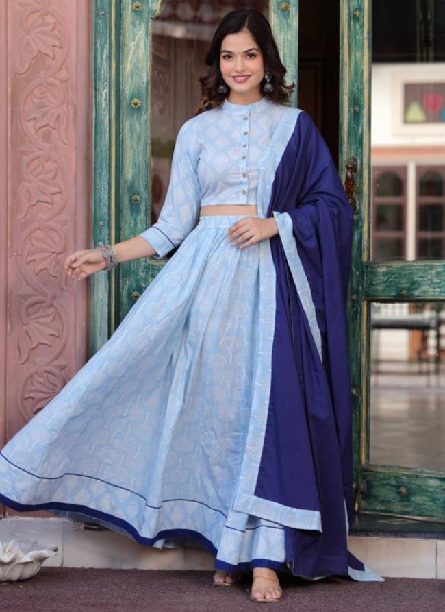 Cotton Sky Blue Festival Wear Printed Ready To Wear Lehenga Choli